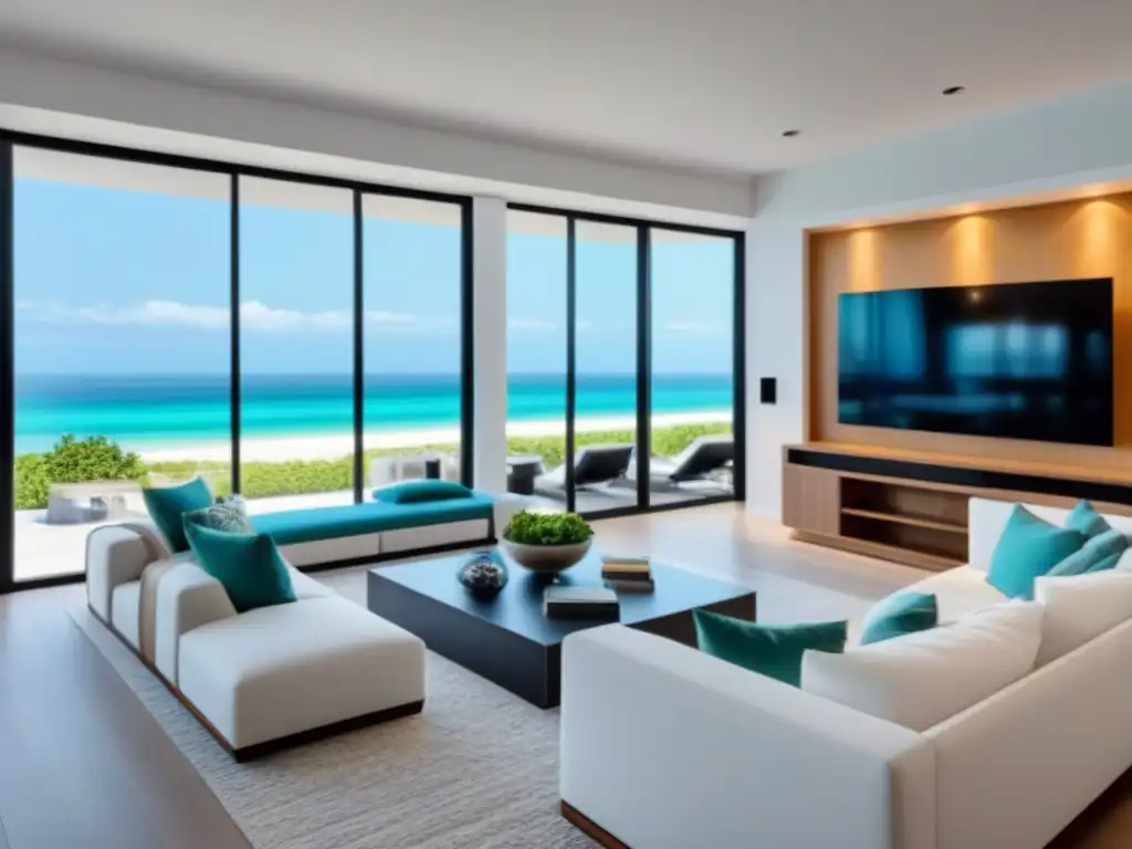 Villa de lujo frente al mar: Sala contemporánea con vista panorámica Hospitalidad en villas vacacionales de 5 estrellas: Sala contemporánea con vista a la playa, decorada con elegancia y estilo costero