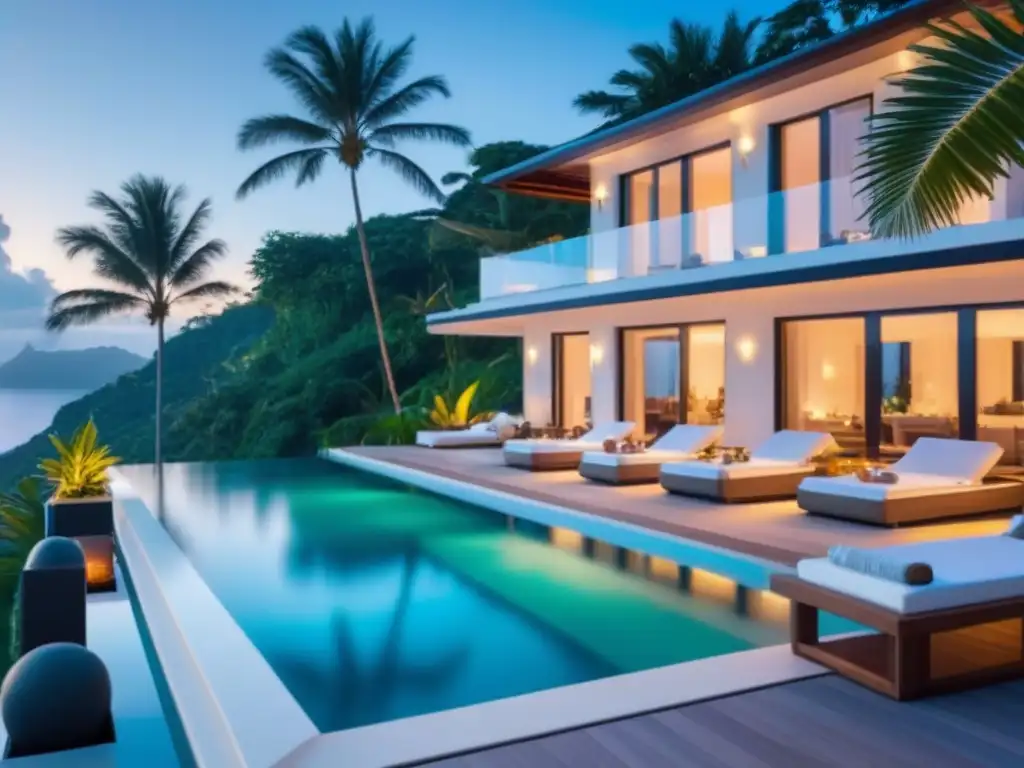 Villa de lujo con piscina infinita frente al mar turquesa Hospitalidad en villas vacacionales de 5 estrellas: Villa moderna con piscina infinita, mar turquesa y atardecer dorado