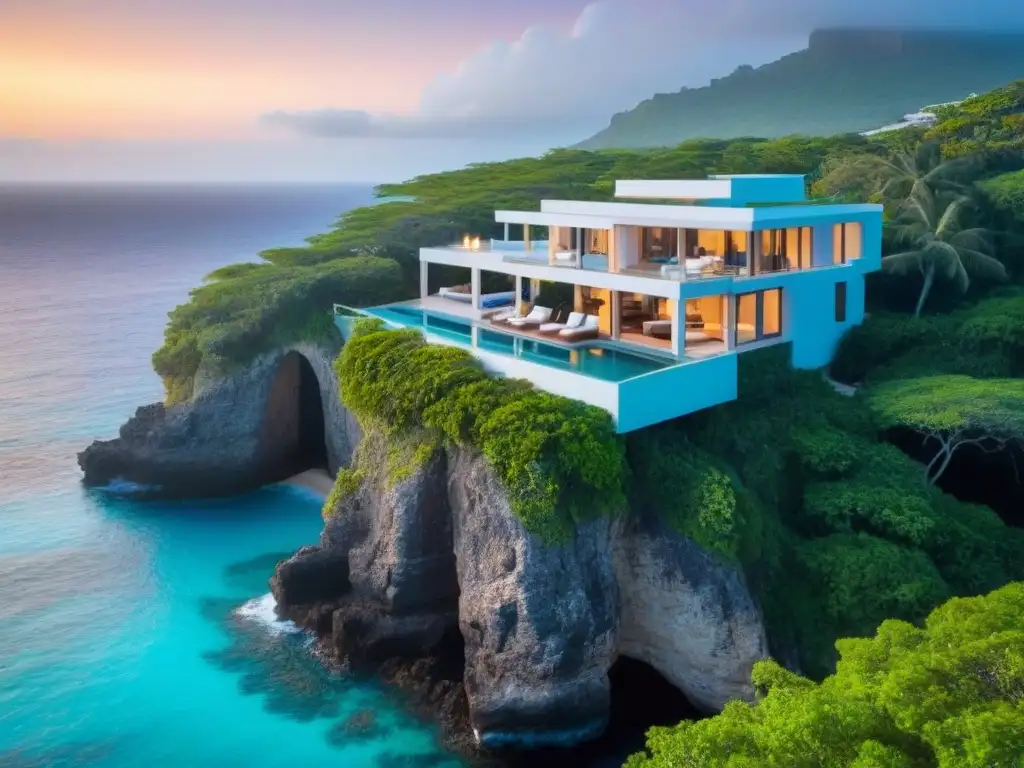 Villa de lujo con piscina infinita en acantilado Hospitalidad en villas vacacionales de 5 estrellas: Villa de lujo con vista al mar, piscina infinita privada y atardecer dorado