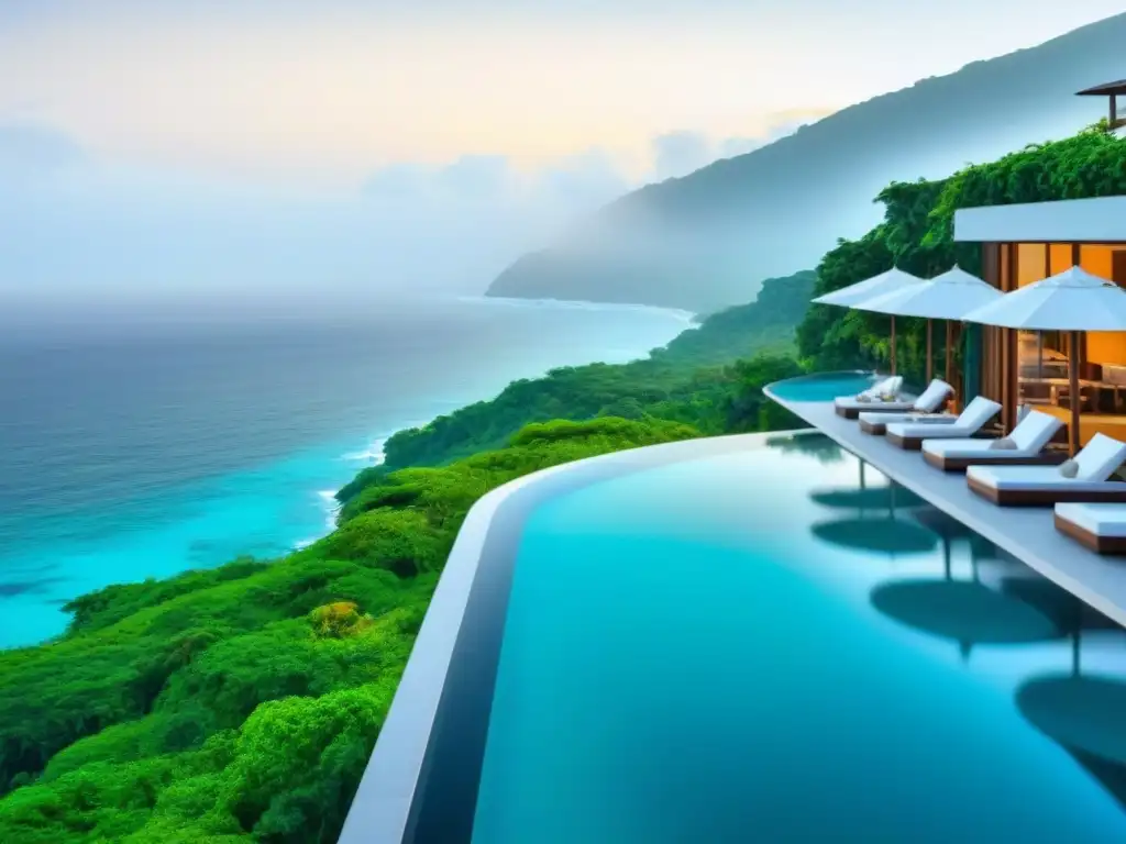 Hotel de lujo innovador y sofisticado en entorno paradisíaco Hotel de lujo con arquitectura innovadora, rodeado de naturaleza exuberante y un mar turquesa