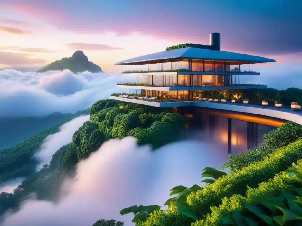 Hotel de lujo futurista suspendido en las nubes Un hotel de lujo futurista suspendido en las nubes, con arquitectura moderna y verde integrado