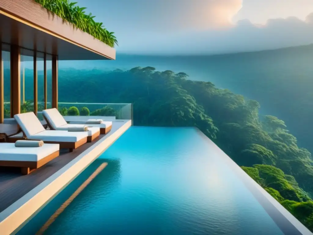 Hotel de lujo sostenible en Asia: oasis moderno entre bosques verdes Un hotel de lujo sostenible en Asia, con diseño moderno y vistas a un exuberante bosque verde