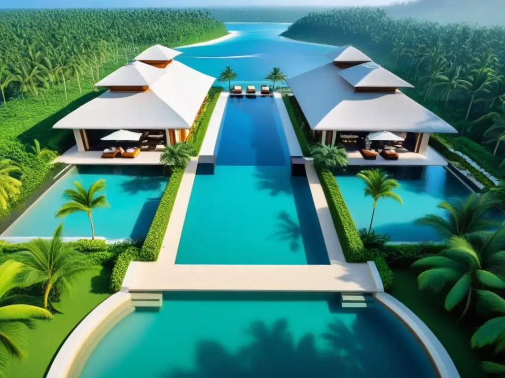 Resort de lujo: oasis tropical con piscina infinita y arquitectura moderna Invertir en hoteles internacionales rentable: Hotel de lujo con arquitectura moderna, piscina infinita y vegetación exuberante junto al mar