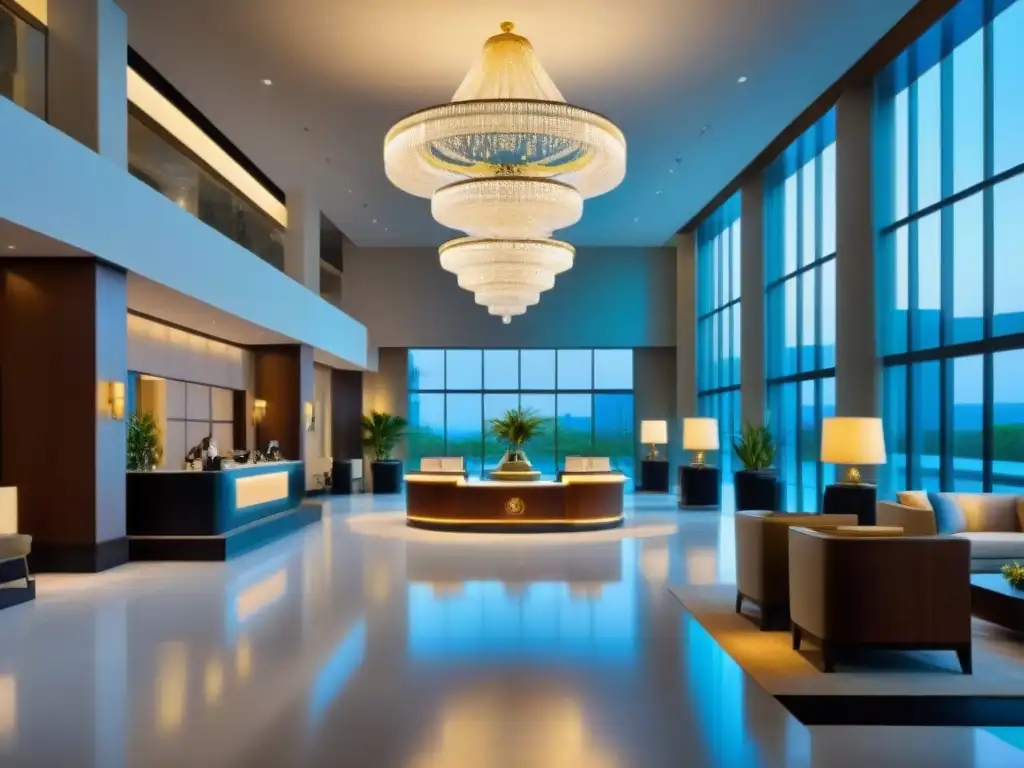 Hotel de lujo internacional: elegancia y exclusividad en cada detalle Invertir en hoteles internacionales rentable: Lobby lujoso con decoración moderna, muebles elegantes y conserje amable ayudando a huéspedes