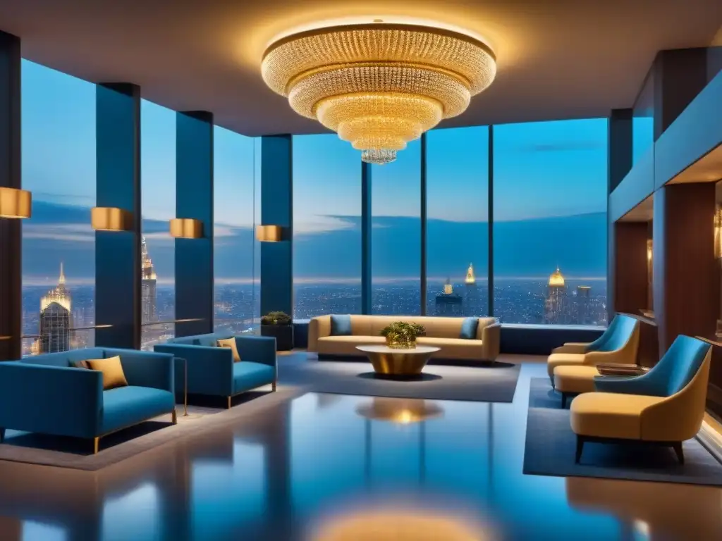 Elegante lobby de hotel futurista con vista nocturna de la ciudad Invertir en hoteles internacionales rentable: Lujoso lobby futurista con vistas de la ciudad de noche, muebles modernos y elegante recepción digital