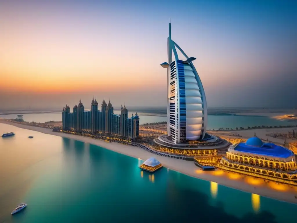Esplendor de lujo en Dubai: skyline al atardecer Invertir en hoteles de lujo en Medio Oriente: el atardecer dorado resalta la opulencia de Dubai con sus hoteles icónicos y modernos rascacielos