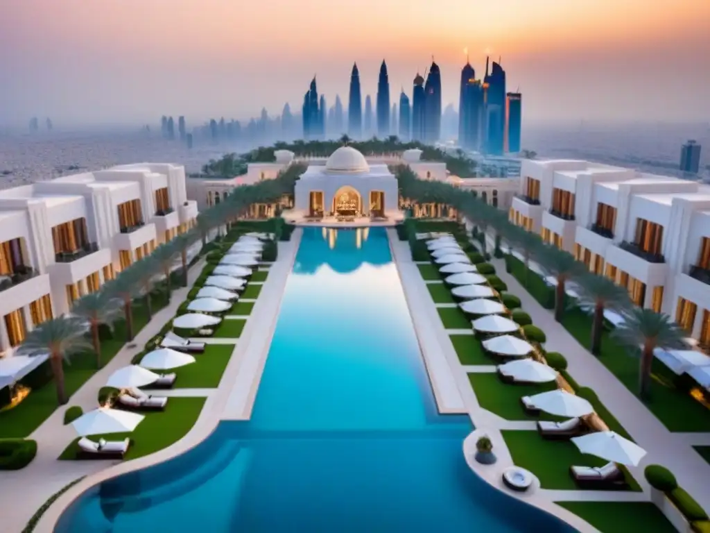 Hotel de lujo en el corazón de una ciudad del Medio Oriente Invertir en hoteles de lujo en Medio Oriente: Vista aérea impresionante de un hotel de cinco estrellas en una ciudad bulliciosa