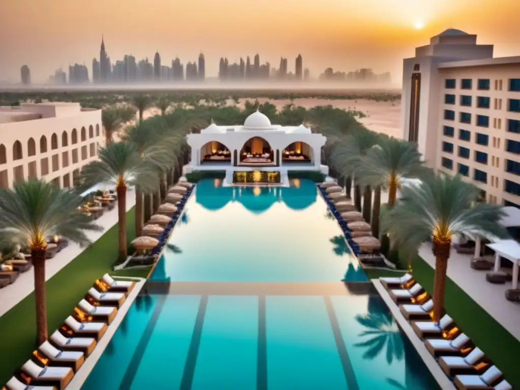 Hotel de lujo en medio de la ciudad: oasis moderno en el desierto Invertir en hoteles de lujo en Medio Oriente: Hotel de lujo con piscina y huéspedes elegantes disfrutando del sol y cócteles en la ciudad