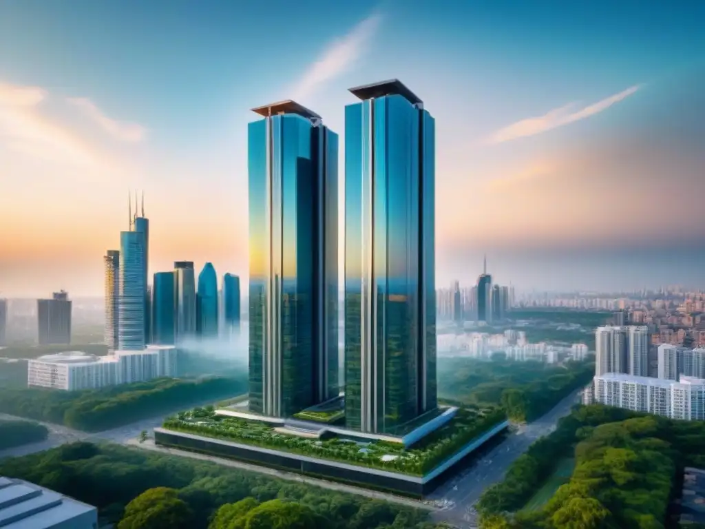 Arquitectura moderna: alianzas estratégicas en bienes raíces Un icónico diseño arquitectónico moderno con un rascacielos de vidrio rodeado de exuberante vegetación y una bulliciosa ciudad al fondo