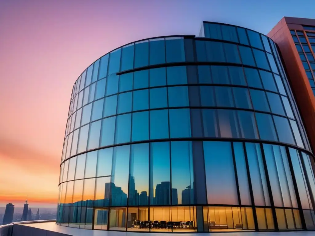 Edificio futurista al atardecer: innovación en gestión inmobiliaria Un icónico edificio futurista al atardecer, reflejando la ciudad, simboliza la eficiencia del Software gestión inversiones inmobiliarias