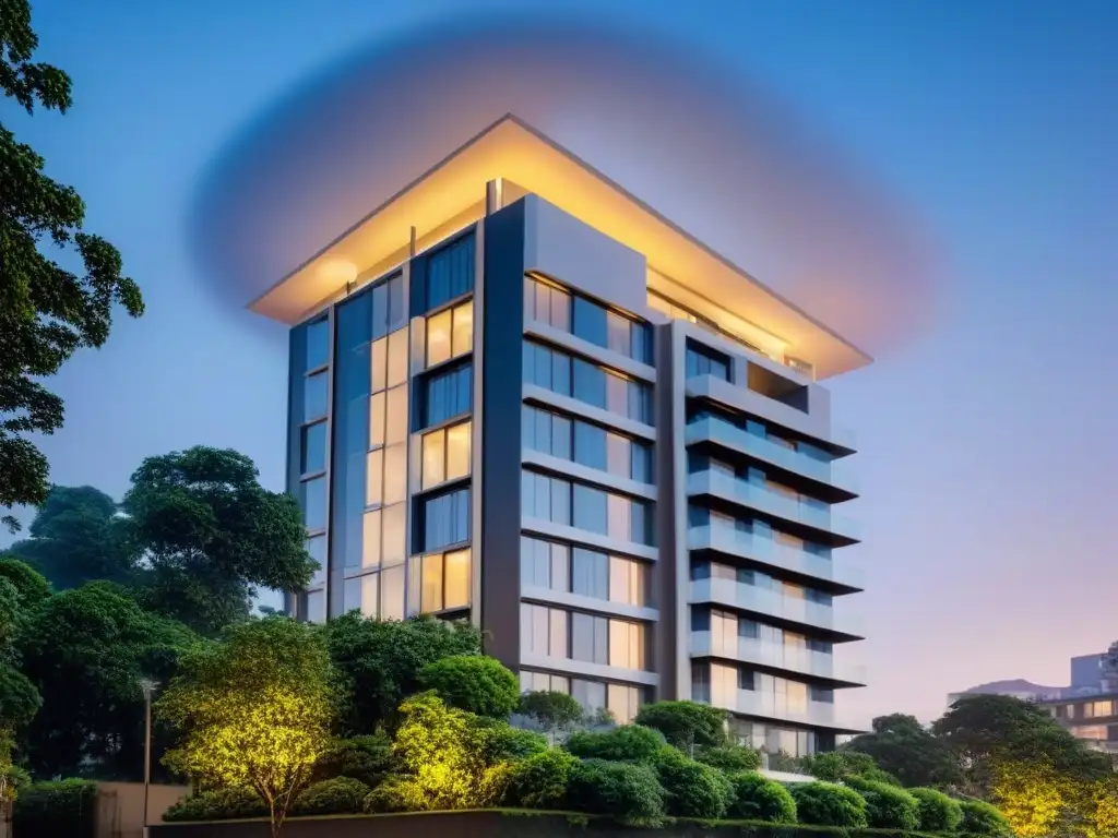 Edificio de lujo con vistas urbanas nocturnas y diseño sofisticado Un icónico edificio moderno con ventanas de piso a techo reflejando la ciudad nocturna, rodeado de vegetación y vida urbana