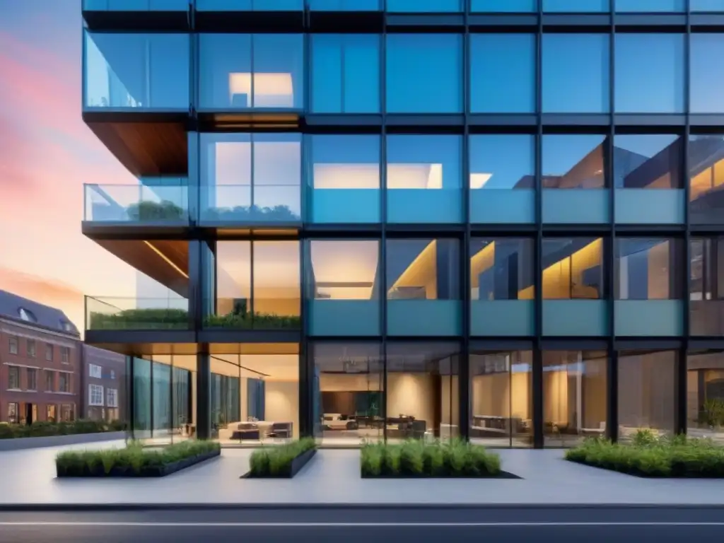 Edificio de oficinas moderno y lujoso en la ciudad Un icónico edificio de oficinas moderno reflejando la ciudad, destacando la fusión estratégica de Essex Property Trust y BRE Properties