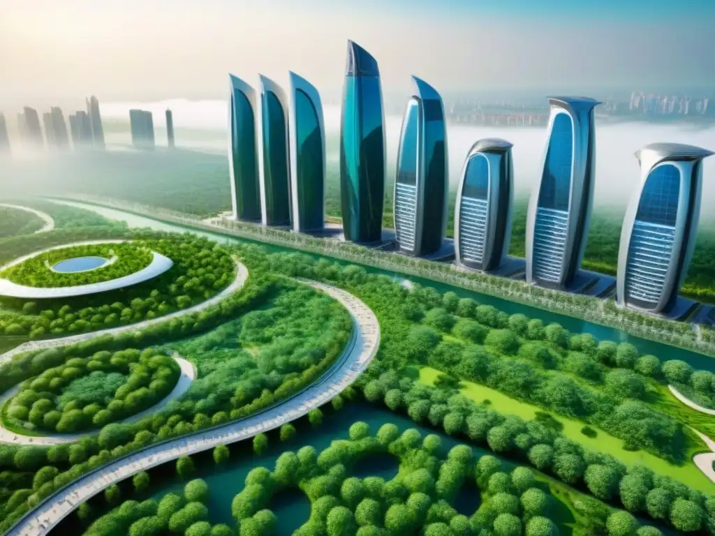 Ecociudad futurista: rascacielos sostenibles y naturaleza Visión ideal para inversionistas inmobiliarios globales en ecociudades: rascacielos sostenibles rodeados de vegetación y energía renovable