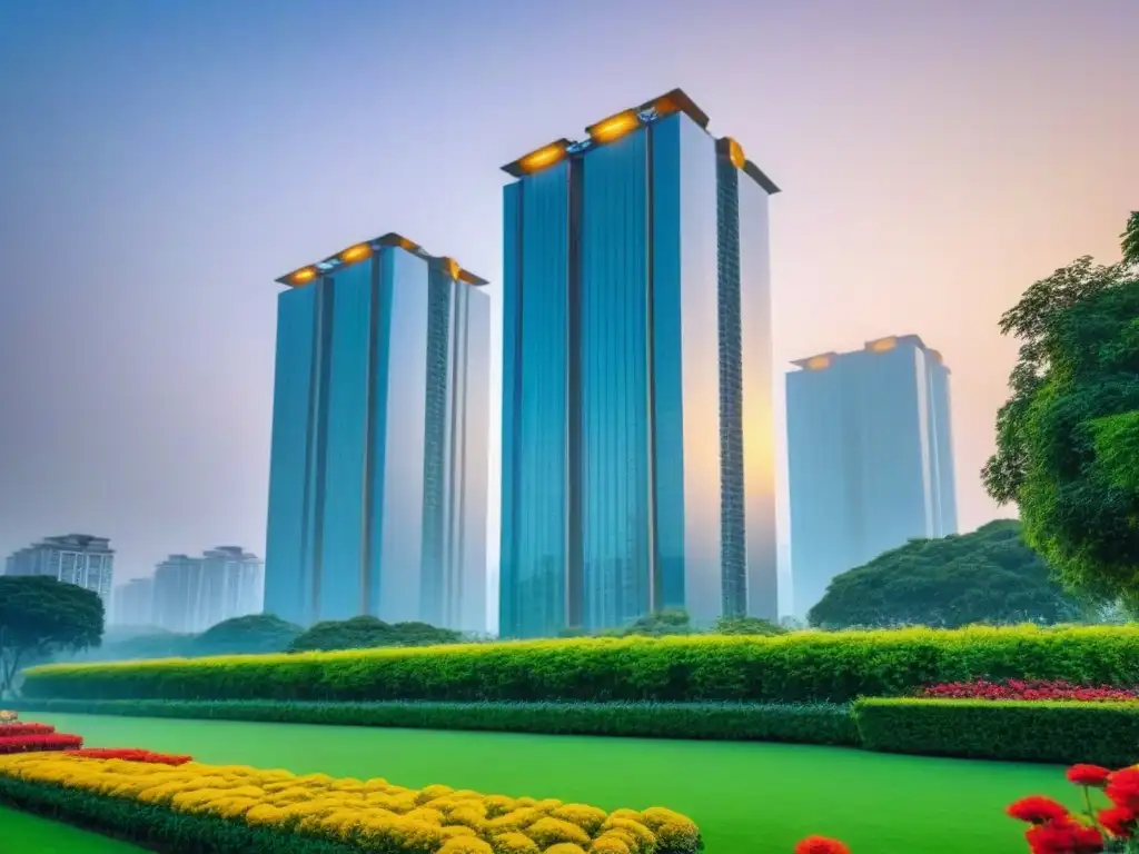 Edificio de lujo en la ciudad al atardecer con jardines exuberantes Identidad visual mercado inmobiliario: Edificio moderno de lujo con diseño arquitectónico elegante y jardines exuberantes