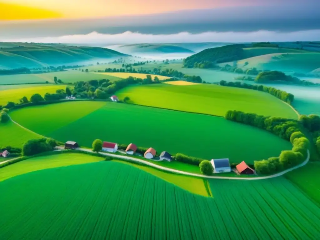 Espléndida vista aérea de paisaje rural en América del Norte Idílica vista aérea de paisaje rural con colinas, campos verdes y río