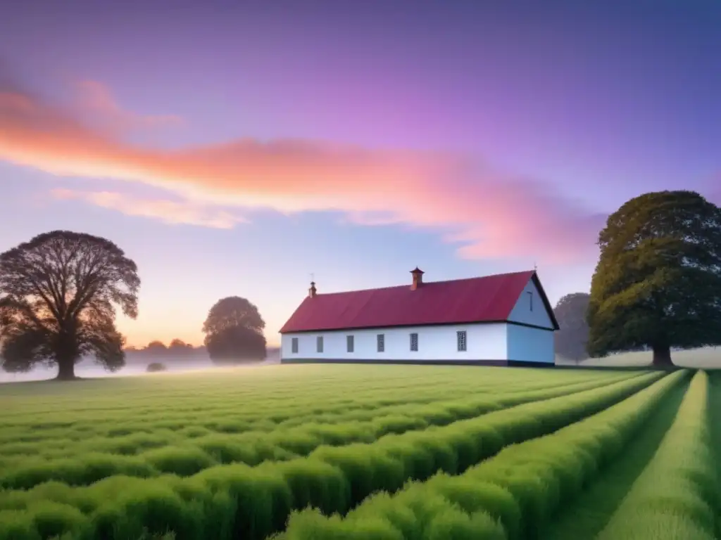 Atardecer idílico en campo rural: paz y encanto Un idílico atardecer en el campo con una casa de madera y árboles majestuosos