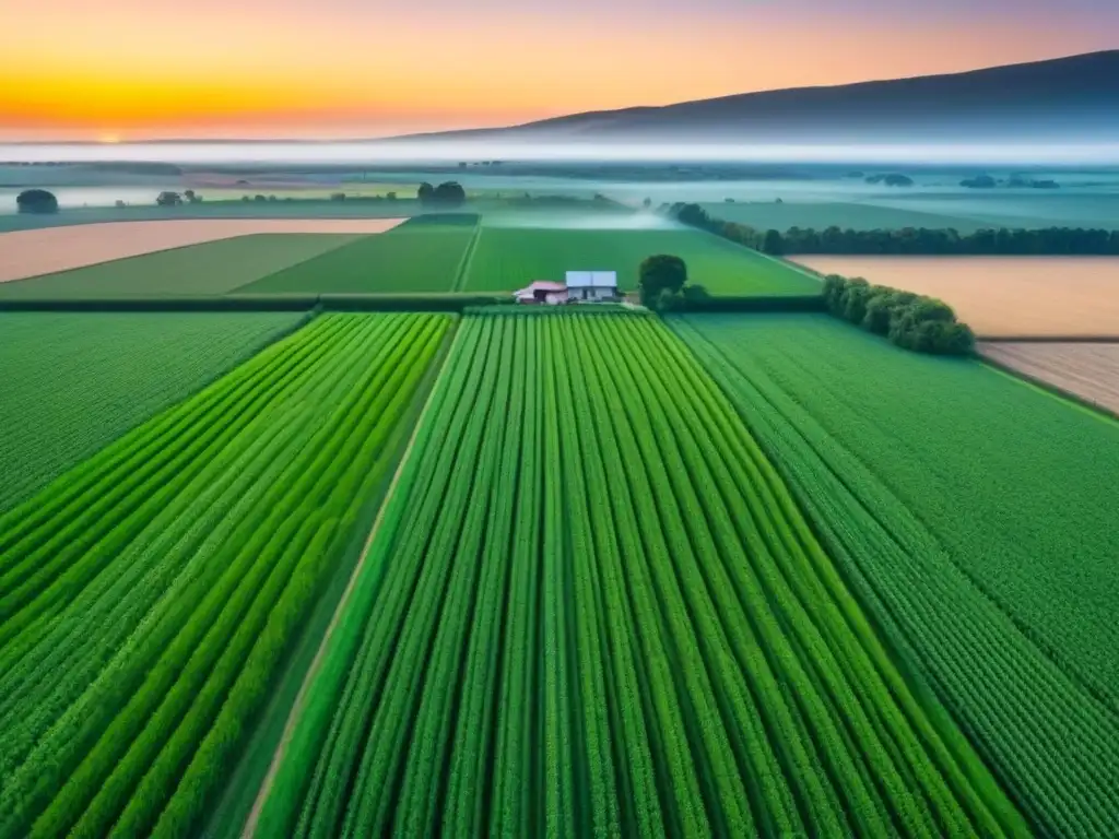 Paisaje rural sereno al atardecer en América del Norte Un idílico atardecer en el mercado inmobiliario rural Norteamérica, con extensos campos verdes y una granja encantadora