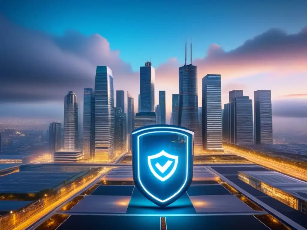 Escudo protector: ilustración futurista de la ciudad global asegurada Una ilustración detallada de una ciudad diversa protegida por un escudo brillante, simbolizando la Importancia seguro propiedad comercial