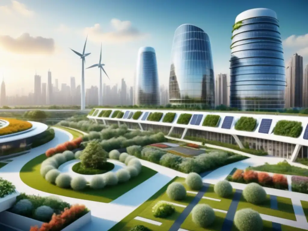 Metrópolis ecológica del futuro: arquitectura sostenible y comunidad comprometida Una ilustración detallada de una ciudad futurista ecológica con edificios sostenibles, jardines verdes y diversidad comunitaria