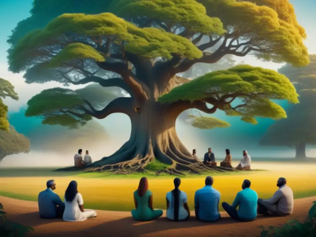 Una ilustración detallada muestra diversidad cultural discutiendo pacíficamente bajo un árbol ancestral, representando la adaptación a leyes de propiedad internacional