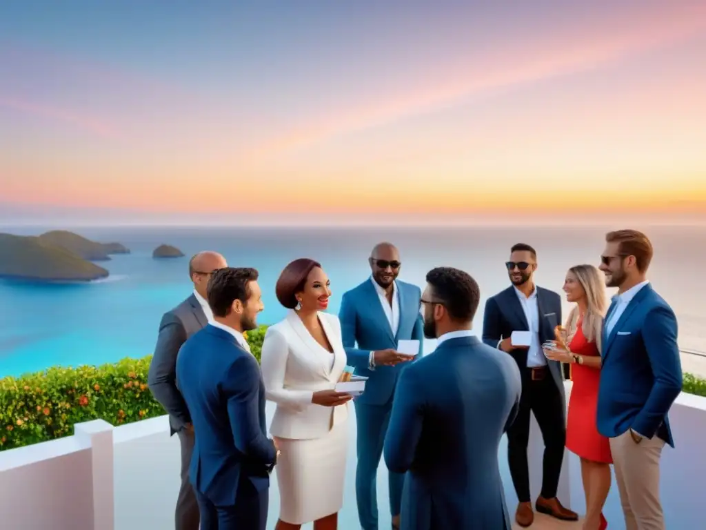Networking internacional de lujo en resort: profesionales diversidad Una ilustración detallada muestra un evento de networking internacional en un lujoso resort al atardecer
