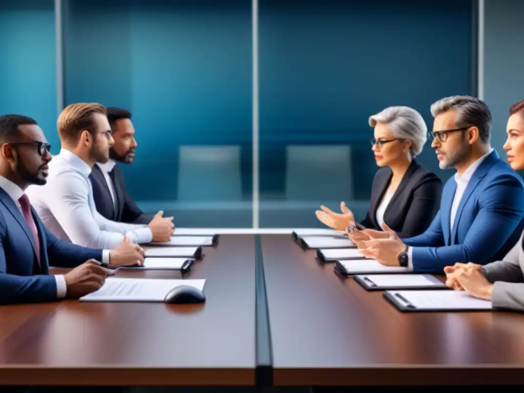 Intensa negociación por derechos de propiedad Una ilustración detallada de discusión intensa sobre derechos de propiedad en inversiones en una sala de juntas moderna