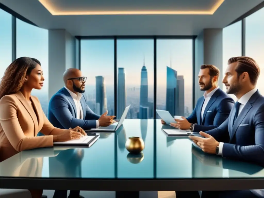 Inversores internacionales debaten estrategias inmobiliarias globales Una ilustración detallada de inversores internacionales debatiendo estrategias de inversión en propiedades de alquiler
