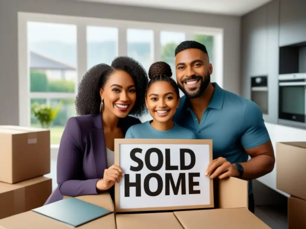 Familia feliz estrenando su primer hogar Una ilustración detallada de una joven familia feliz mudándose a su primer hogar, rodeada de cajas, con llaves y letrero de vendido
