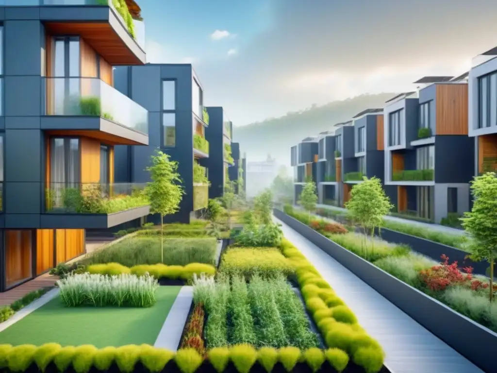 Desarrollo inmobiliario sostenible: eco-amigable y moderno Una ilustración detallada y moderna de un desarrollo inmobiliario sostenible con normativas ambientales, edificios verdes y diversidad de personas disfrutando las comodidades ecológicas