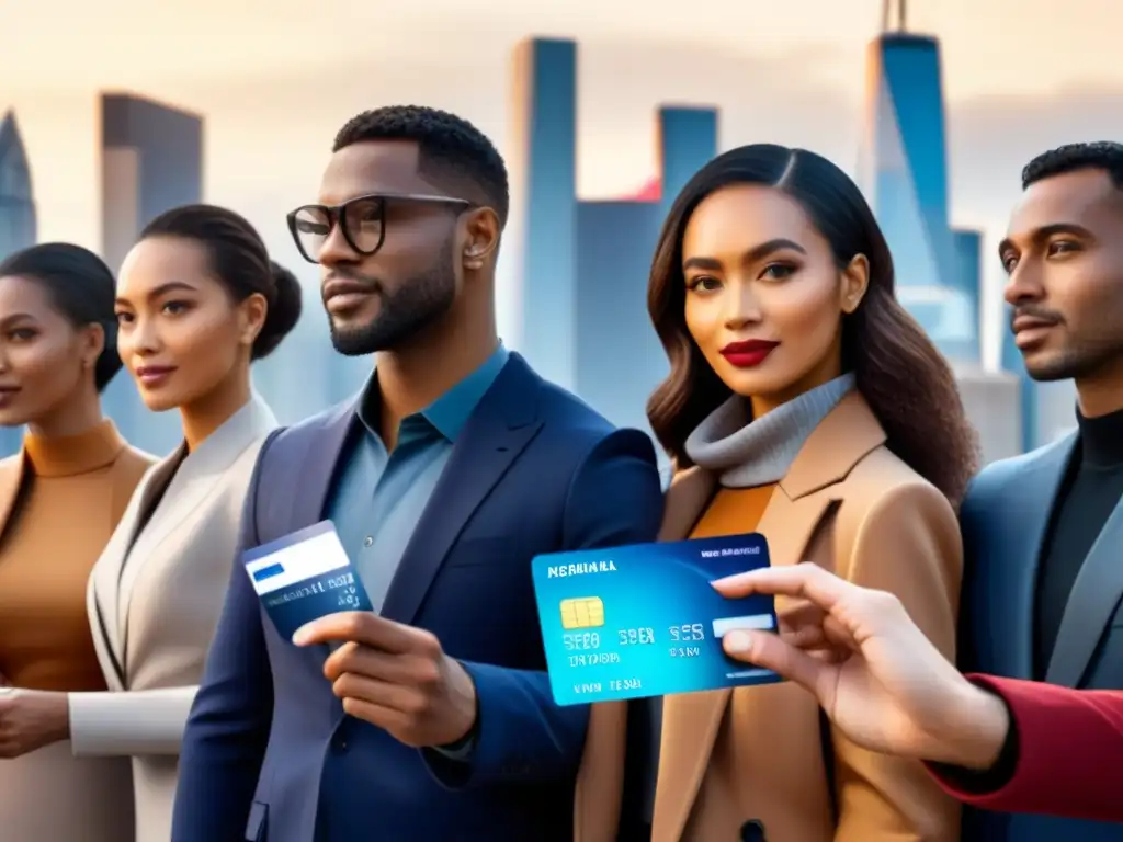 Globalización financiera: diversidad crediticia en un mundo conectado Una ilustración detallada y moderna de diversidad cultural con tarjetas de crédito, mostrando conectividad financiera global
