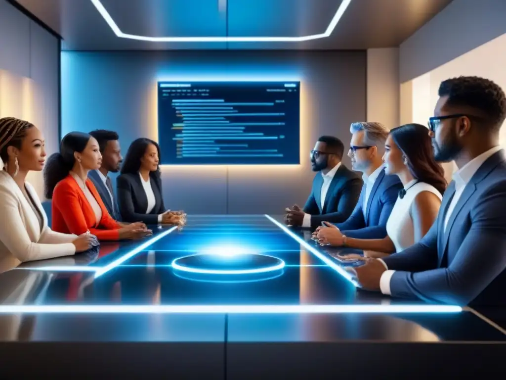 Inversores del futuro en mesa de reuniones dinámica Una ilustración detallada y moderna de inversores diversos discutiendo en una sala de juntas futurista