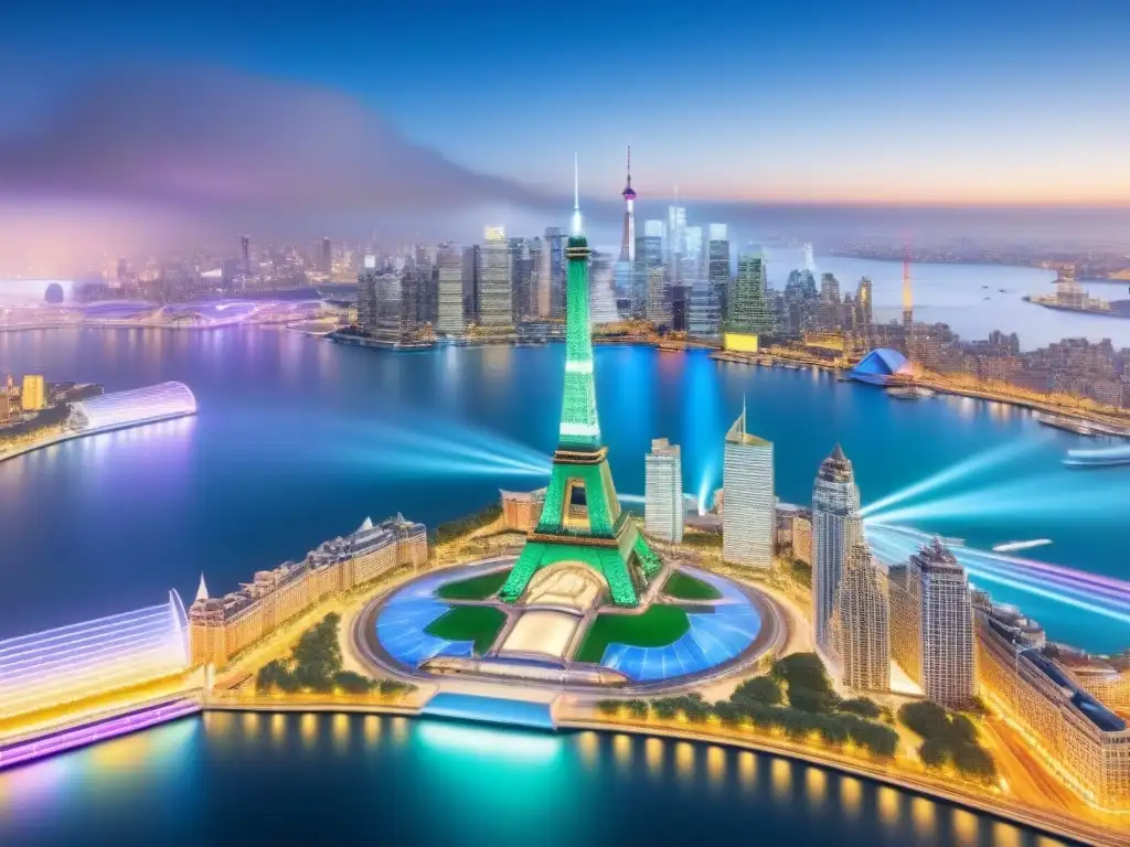 Mapa global de inversión inmobiliaria: iconos mundiales y flujos de capital Una ilustración detallada y moderna de un mapa global con hitos icónicos del mercado inmobiliario internacional y flujos de inversión