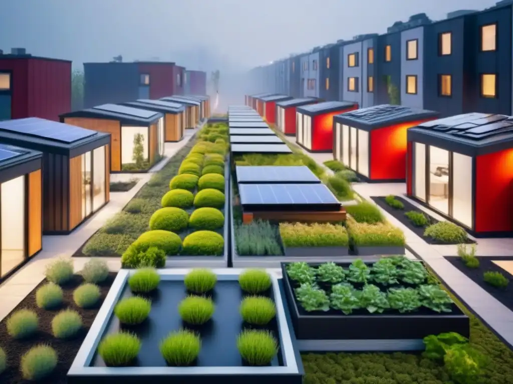 Microcasas sostenibles en ciudad vibrante Una ilustración detallada y moderna de microhogares sostenibles integrados en una ciudad vibrante, solucionando la crisis habitacional