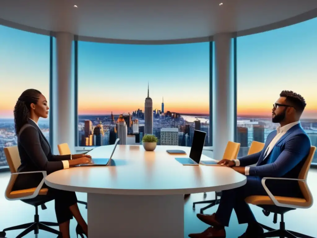 Inversión inmobiliaria: diversidad y tecnología en reunión de profesionales Una ilustración detallada y moderna de profesionales diversos discutiendo oportunidades de inversión en vivienda compartida