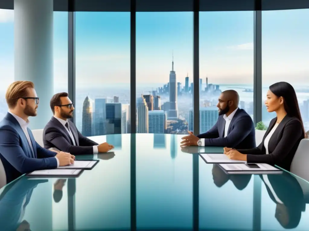Cumbre global: Estrategia inmobiliaria con profesionales internacionales Una ilustración detallada y moderna de profesionales de negocios de distintos orígenes culturales en una discusión estratégica en una sala de juntas corporativa futurista