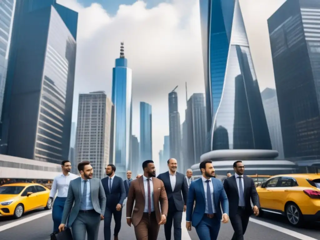 Profesionales globales: diversidad y éxito en el mundo empresarial Una ilustración detallada de profesionales en una ciudad vibrante, simbolizando éxito en expansión internacional M&A