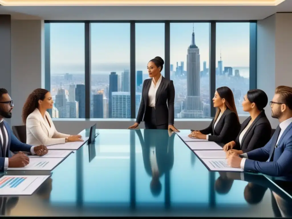 Reunión estratégica de inversores inmobiliarios Una ilustración detallada de profesionales diversificados discutiendo estrategias de inversión inmobiliaria en un entorno moderno y luminoso
