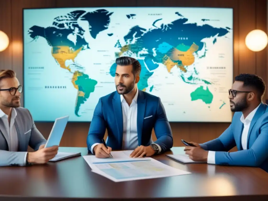 Profesionales internacionales en reunión detallada y enfocada Una ilustración detallada de profesionales discutiendo en una mesa, con un mapa mundial de destinos de tiempo compartido