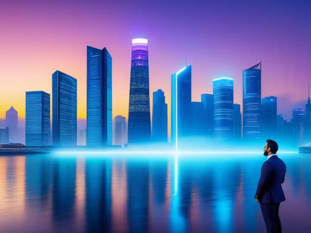 Metrópolis Futurista: Criptomonedas y AI en Inversiones Inmobiliarias Una ilustración digital detallada de una ciudad futurista al anochecer, con rascacielos y símbolos de criptomonedas