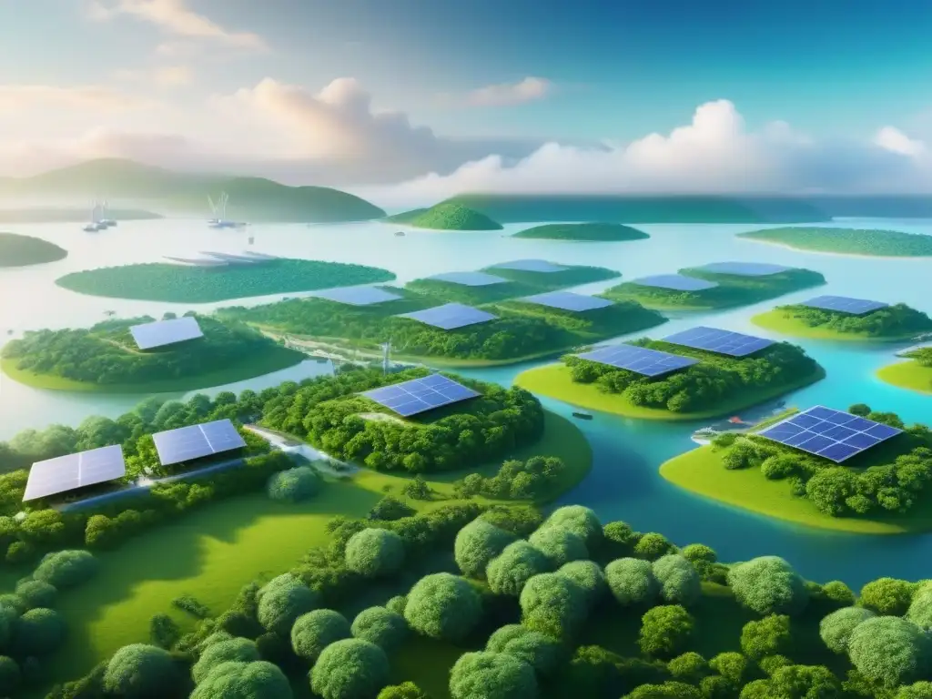 Comunidad sostenible en isla privada: arte digital futurista Una ilustración digital detallada y vibrante de una comunidad sostenible en una isla privada