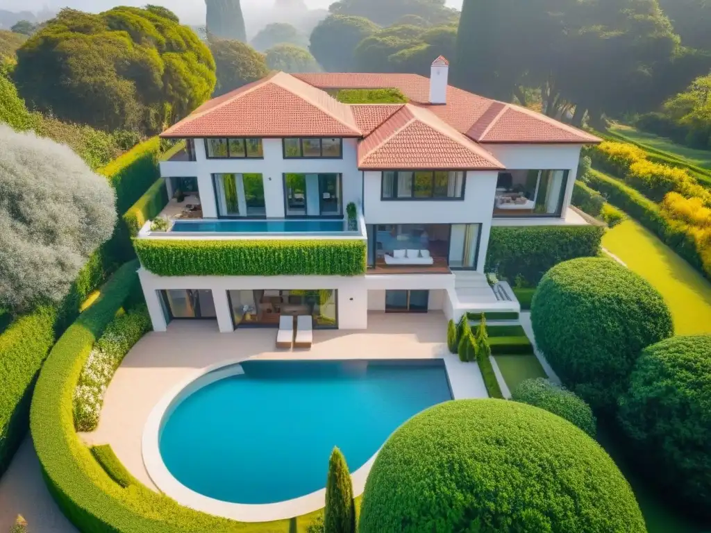 Exclusiva mansión con jardín y piscina: vista aérea Imagen aérea de propiedad residencial lujosa con jardín, piscina y diseño moderno