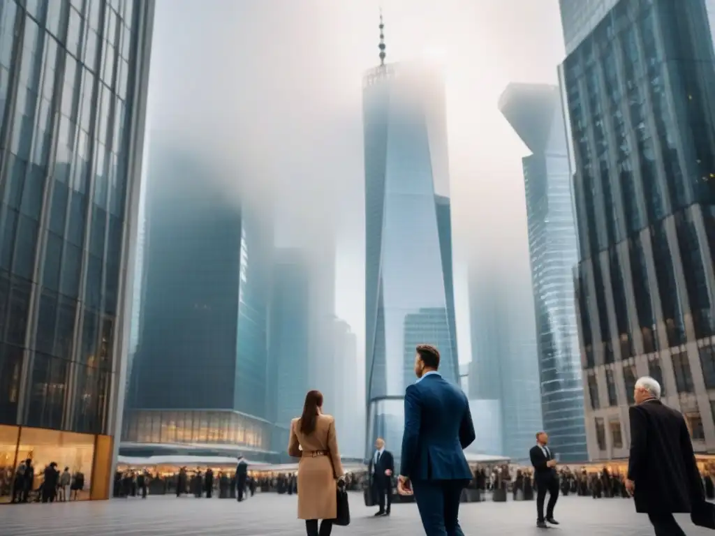 Mercado inmobiliario global: impacto de Brexit en la diversidad financiera Una imagen de alta resolución que muestra un distrito financiero bullicioso con rascacielos, resaltando el aspecto internacional del mercado inmobiliario