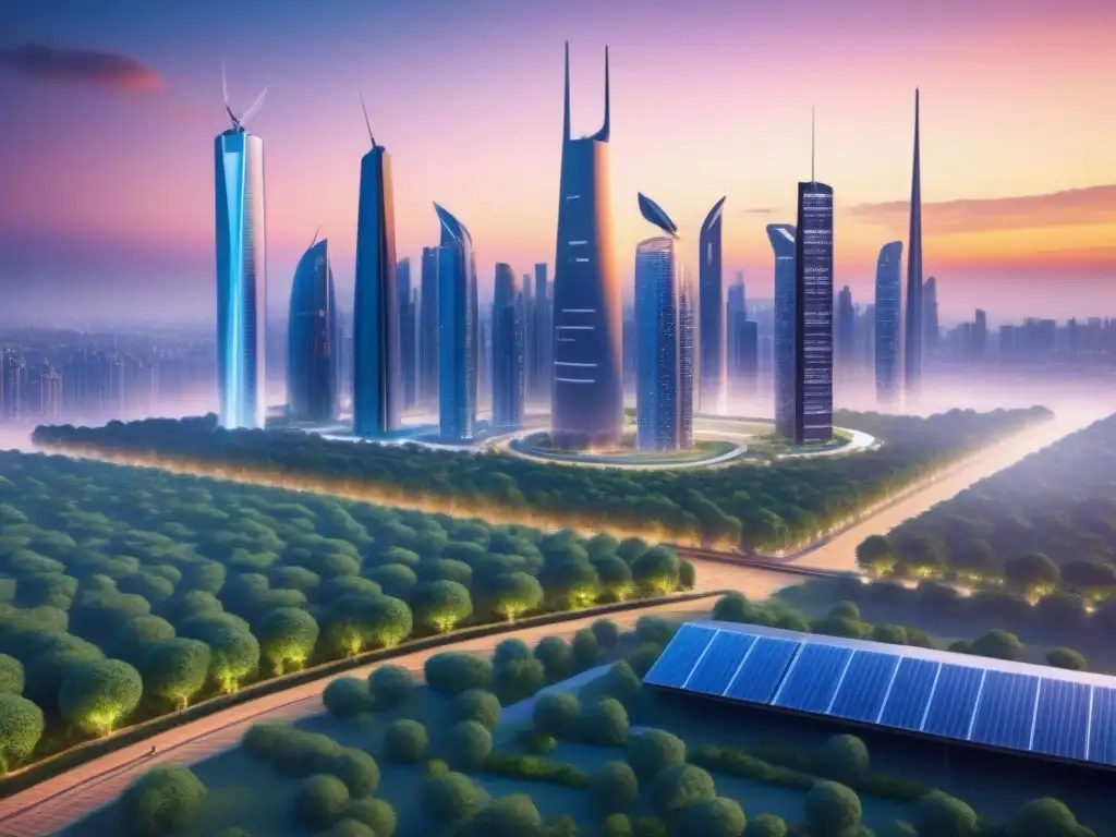 Metrópolis futurista sostenible: ciudad innovadora en 8K Imagen detallada en 8k de una ciudad futurista con diseño arquitectónico innovador y elementos de sostenibilidad
