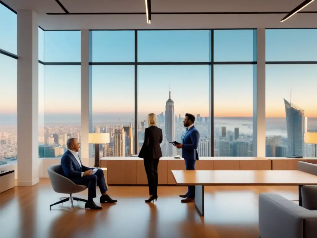 Clientes internacionales consultan a agente inmobiliario en oficina moderna Una imagen detallada de clientes internacionales interactuando con agente inmobiliario en oficina moderna