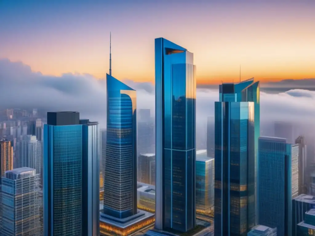 Inversiones REIT: Edificios globales de oportunidad Una imagen detallada en 8k de edificios internacionales de REITs con gráficos financieros, representando la inversión en REITs