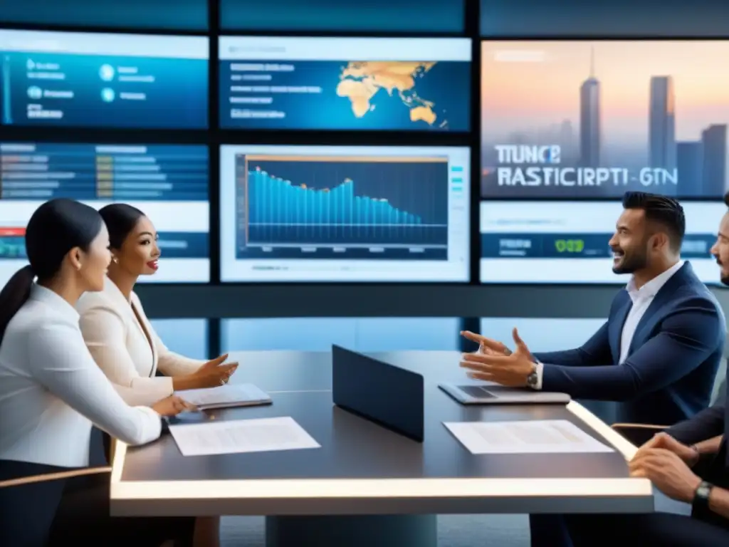 Conversación global de inversiones: diversidad y futuro Una imagen detallada de un grupo internacional diverso de empresarios en una discusión sobre estrategias de inversión