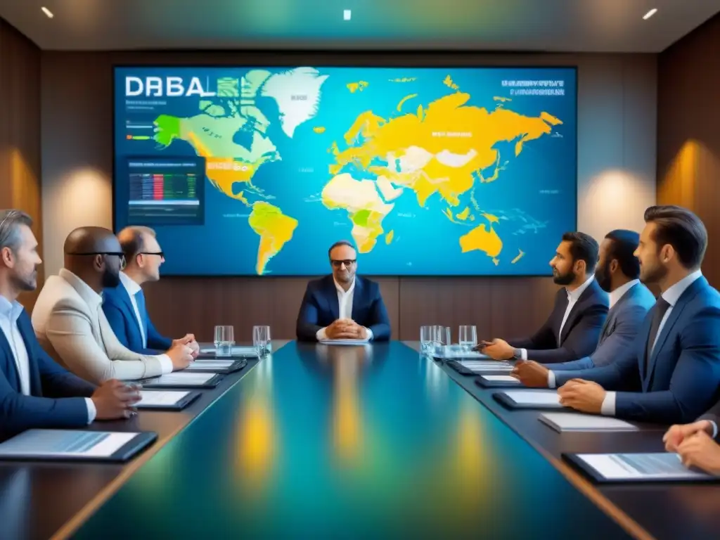 Inversores globales debaten estrategias: fusión internacional y regulaciones ambientales Una imagen detallada de inversores globales debatiendo en una mesa futurista, fusionando tradición y tecnología