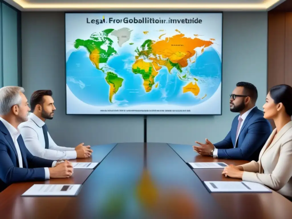 Inversores globales en reunión: diversidad y seriedad Una imagen detallada de inversores globales en una sala de juntas moderna, discutiendo sobre litigios por defectos de propiedad