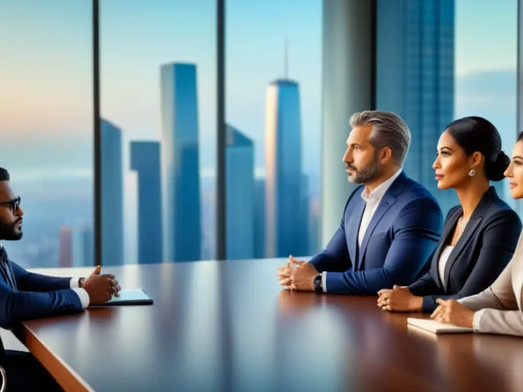 Inversionistas internacionales en moderna junta de real estate Una imagen detallada de inversores inmobiliarios internacionales colaborando en una moderna sala de juntas, con vista a la ciudad