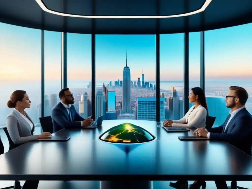 Inversores internacionales en reunión estratégica en oficina futurista Una imagen detallada en 8k de inversores internacionales discutiendo estrategias en una oficina moderna con tecnología avanzada y vista a la ciudad